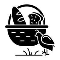 Manna and quail Bible story glyph icon. Bread loaves in basket and fowl. Religious legend. Christian religion. Biblical narrative. Silhouette symbol. Negative space. Vector isolated illustration