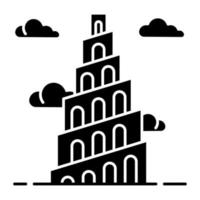 Babel Tower Bible story glyph icon. Ziggurat. High structure in Babylonia. Religious legend. Exodus Biblical narrative. Silhouette symbol. Negative space. Vector isolated illustration