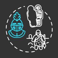 Historical museum chalk concept icon. Paleontology and anthropology. Ancient archeological artifact. Sarcophagus, helmet. Cultural exhibition idea. Vector isolated chalkboard illustration