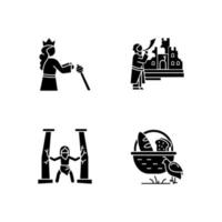 Bible narratives glyph icons set. Samson, manna and quail, The fall of Jericho myths. Christian religion, holy book scenes. Biblical stories plot. Silhouette symbols. Vector isolated illustration