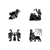 Bible narratives glyph icons set. Chariot of fire, binding of Isaac myths. Religious legends. Christian religion, holy book scenes. Biblical stories. Silhouette symbols. Vector isolated illustration