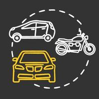 Car museum chalk concept icon. Automotive technology historical exposition. Mechanical bike model. Automobile and motorcycle exhibition idea. Vector isolated chalkboard illustration