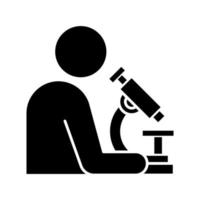 Man with microscope glyph icon. Scientist at work. Organic chemistry. Laboratory research. Conducting biological experiments. Silhouette symbol. Negative space. Vector isolated illustration