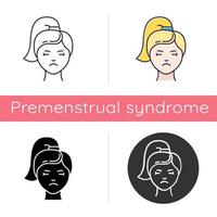 Migraine icon. Girl with headache. Emotional expression on female face. Sadness and low mood. PMS symptome. Predmenstrual syndrome. Flat design, linear and color styles. Isolated vector illustrations