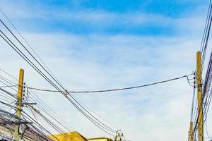 Absolute cable chaos on Thai power pole in Bangkok Thailand. photo