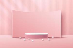 Abstract white cylinder pedestal podium, Light pink empty room, Vertical stripes pattern, Curve backdrop. Vector rendering 3d shape, Product display presentation. Pastel room minimal wall scene.