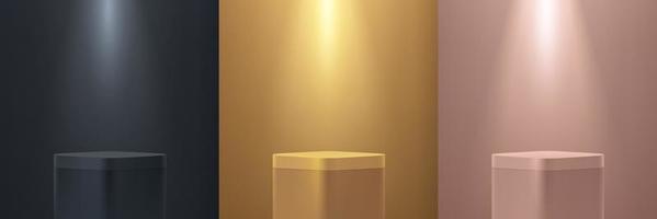 Set of gold, black, pink gold round corner cube pedestal podium display on empty room background. Abstract luxury vector rendering 3d shape for products presentation. Minimal wall scene, Studio room.