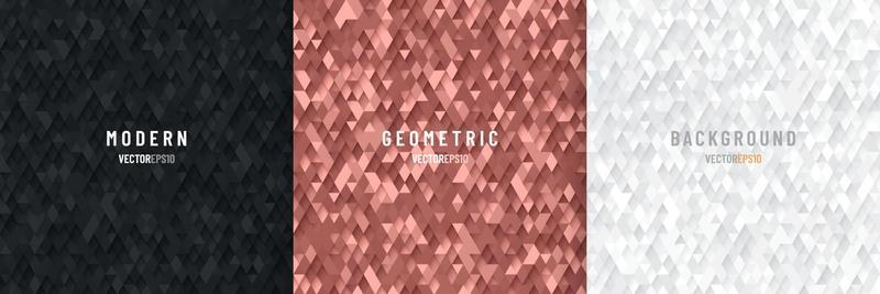 Set of abstract seamless black, white, pink gold triangle 3D pattern background. Modern luxury geometric texture collection design. Vector illustration