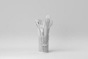 Stainless steel cutlery Holder with wooden spoons and forks on white background. minimal concept. 3D render. photo