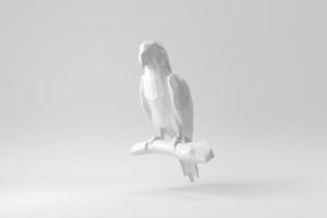 loro de polígono abstracto. pájaro sentado en la rama de fondo blanco. plantilla de diseño, maqueta. procesamiento 3d foto
