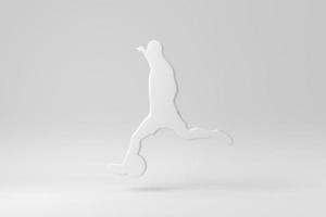 Soccer player in action and boots kicking ball for the goal on white background. Design Template, Mock up. 3D render. photo