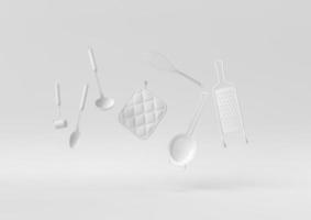 utensilios de cocina blancos flotando en fondo blanco. idea de concepto mínimo creativo. monocromo. procesamiento 3d foto