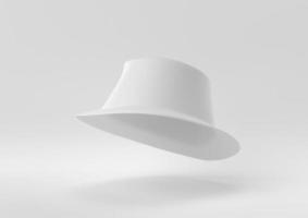 sombrero fedora blanco flotando en fondo blanco. idea de concepto mínimo creativo. monocromo. procesamiento 3d foto