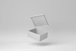 maqueta de caja cuadrada realista blanca, caja de embalaje de cartón en blanco sobre fondo blanco. concepto mínimo. monocromo. procesamiento 3d foto