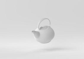 White Teapot floating in white background. minimal concept idea creative. monochrome. 3D render.