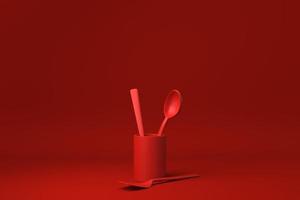 Red Kitchen utensils and baking ingredients floating in Red background. minimal concept idea creative. monochrome. 3D render. photo