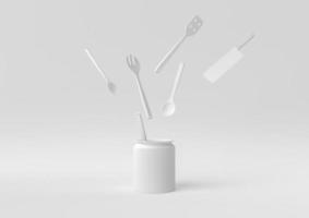 White Kitchen utensils and baking ingredients floating in white background. minimal concept idea creative. monochrome. 3D render. photo