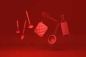 utensilios de cocina rojos flotando en un fondo rojo. idea de concepto mínimo creativo. monocromo. procesamiento 3d foto