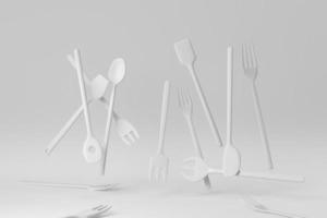 cucharas de madera, espátulas y tenedores sobre fondo blanco. concepto mínimo. procesamiento 3d foto