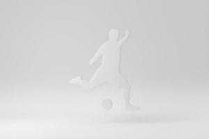 jugador de fútbol en acción y botas pateando la pelota para el gol sobre fondo blanco. plantilla de diseño, maqueta. procesamiento 3d foto