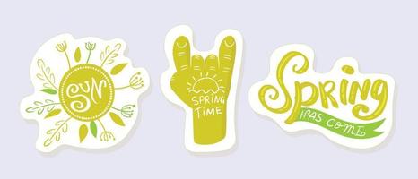 Spring stickers with inscriptions. Spring time. Spring came. vector