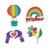 set of four rainbow stickers. Balloon, rainbow, hands, flower vector