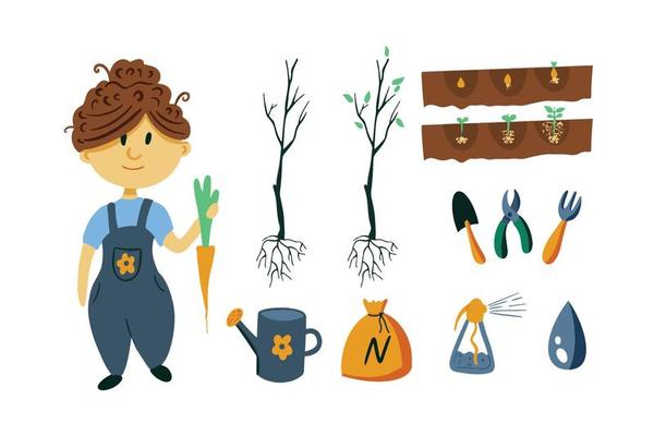 Gardening set. Tools, seedlings and fertilizers. seed germination