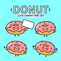 juego de paquete de personajes divertidos y lindos de rosquillas felices. ilustración de estilo de dibujos animados de línea kawaii vectorial. linda colección de personajes de la mascota del donut vector