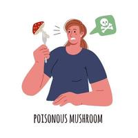 Young woman holds a poisonous amanita mushroom on a fork,facial disgust.Vector flat illustration.