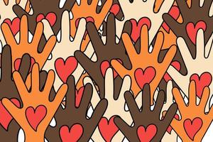 The concept of race equality. Hands of different colors with red hearts raised palms up. Background of hands. Hand-drawn doodle-style palms of different people. vector