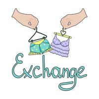 The concept of a clothing exchange. Vector illustration for an exchange store or an event of exchanging an old closet for a new one. Two hands with clothes hangers. Clothing swap. Template for banner.