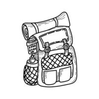 Hand-drawn vector clip-art of a hiking backpack. Monochrome. Bottle and radio. Caraculean backpack icon. Isolated element on white background.