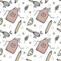 Seamless pattern. Tools, chef's clothes and food cap, oven mitts, whisk, ears of wheat and croissant. Doodle style vector illustration.