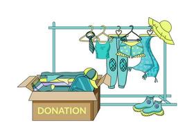 Used clothing donation flat vector illustration. Cheap and free clothing. Box of clothes. Second hand, goods from flea market. Pants, shorts, tie, scarf hanging on a rack. Women's and men's clothing.