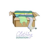 Used clothes in paper box, donation box, insulated on white, used donation shirts and drawer boxes, donation in closed box, used clothing pile, clip art used clothes. Flat style vector. vector