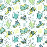 Seamless pattern of hand-drawn elements. Clothes for charity. Sleeveless shirt, T-shirt, shorts, socks and sneakers. Second hand clothing idea. vector