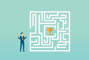 Businessman looking at maze with solution, challenge ahead, simple strategy, solve business problems vector