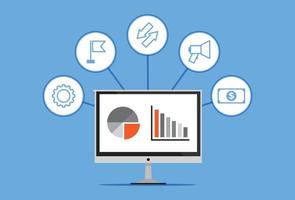 Computer displays business graphs and icons vector