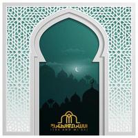 Isra Miraj greeting card islamic floral pattern vector design with glowing arabic calligraphy for background, wallpaper, banner. Translation of text two parts of Prophet Muhammads Night Journey.