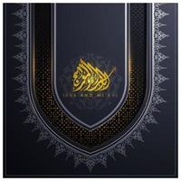 Isra Miraj greeting card islamic floral pattern vector design with glowing arabic calligraphy for background, wallpaper, banner. Translation of text two parts of Prophet Muhammads Night Journey.