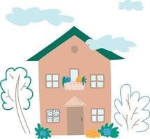 Cute cottage with a balcony. Spring season and blooming flowers. Facade of home and trees and clouds. Hand drawn vector illustration.