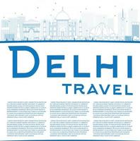 delinee el horizonte de delhi con puntos de referencia azules y copie el espacio. vector