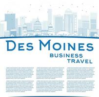 Outline Des Moines Skyline with Blue Buildings and copy space. vector