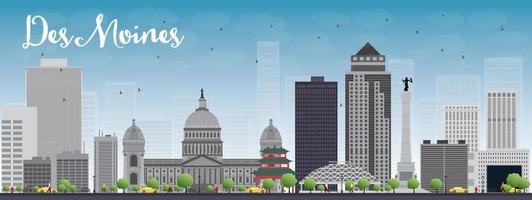 Des Moines Skyline with Grey Buildings and Blue Sky. vector