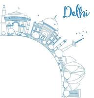 Outline Delhi skyline with blue landmarks and copy space. vector