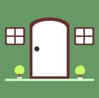 Vector door and window cartoon animation background with green wall, tree pot decoration. Best for your wallpaper, backdrop and layout, editable image