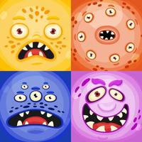 Scary Monster or aliens faces masks with mouth and eyes. Cartoon vector monster faces set with different expressions emotions.