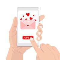 Sending love message concept. Hand held phone with closed envelope with heart, send button. Finger touch screen. Vector flat cartoon illustration for websites, banner design