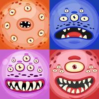 Scary Monster or aliens faces masks with mouth and eyes. Cartoon vector monster faces set with different expressions emotions.