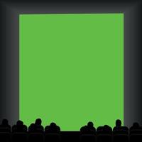 The audience in the cinema is looking at the green screen. Vector illustration